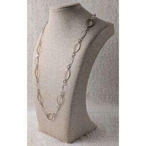 Long Silver Tone Oval Link Necklace Mixed Metal Chain Modern Minimalist